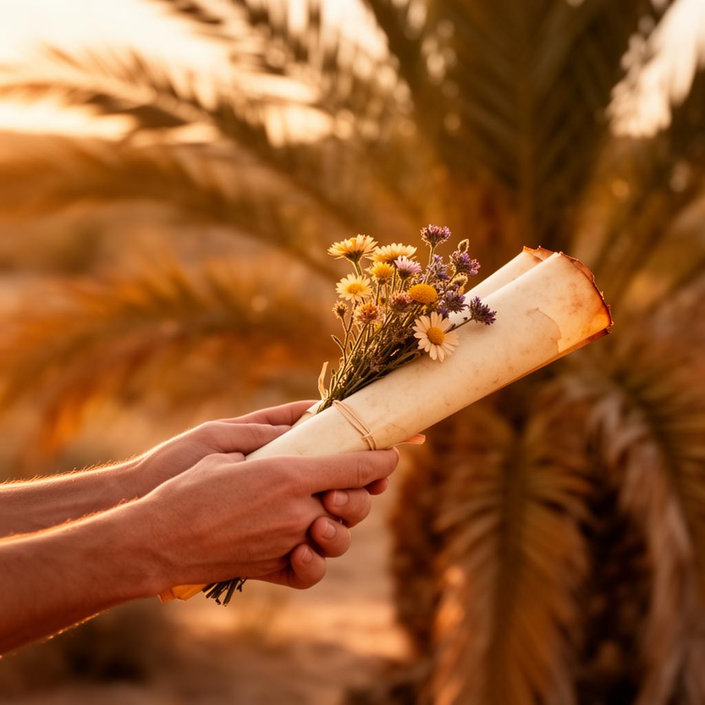 Hands holding a diploma and desert wildflowers at golden hour